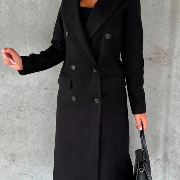 Womens Long Wool Coat Double Breasted Trench Coat Fall Winter Clothes - Picture 2 of 3